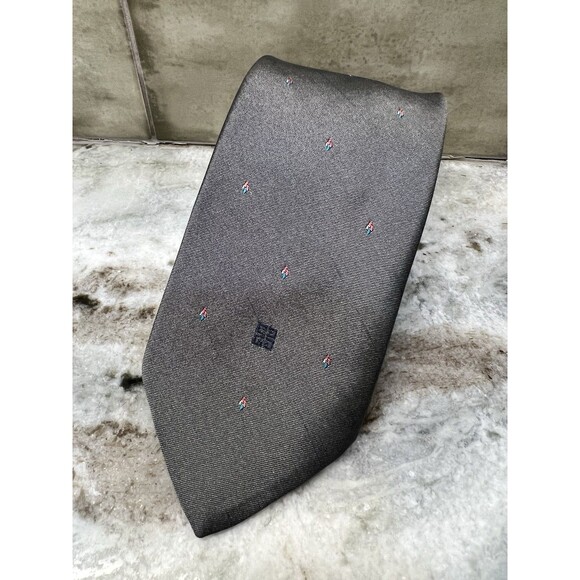 Vintage GIVENCHY Monsieur Gray Poly/Silk Tie With Red White Blue Design - Picture 1 of 7